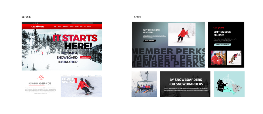 The Canadian Association of Snowboard Instructors (CASI) is a non-profit organization with members based all across Canada. While leaving their existing logo intact, we updated CASI’s digital identity with big, bold typography, contemporary gradients and textures and dynamic UI elements to create an energized look that connects to snowboard culture and appeals to their members.