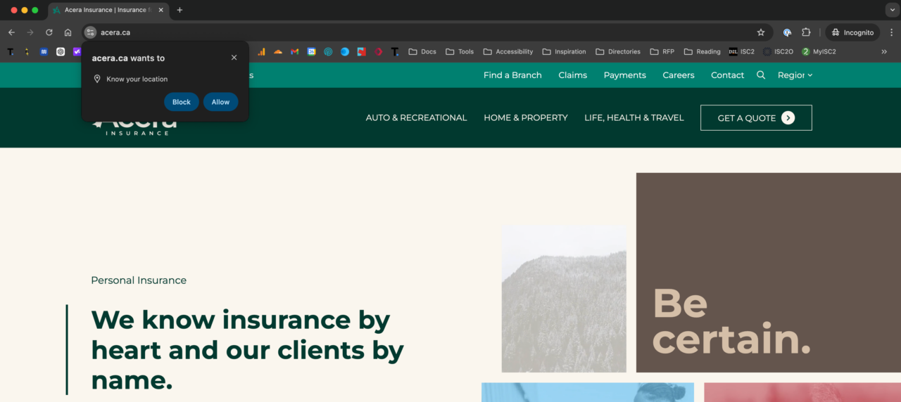 Screenshot of Acera Insurance website with location request popup