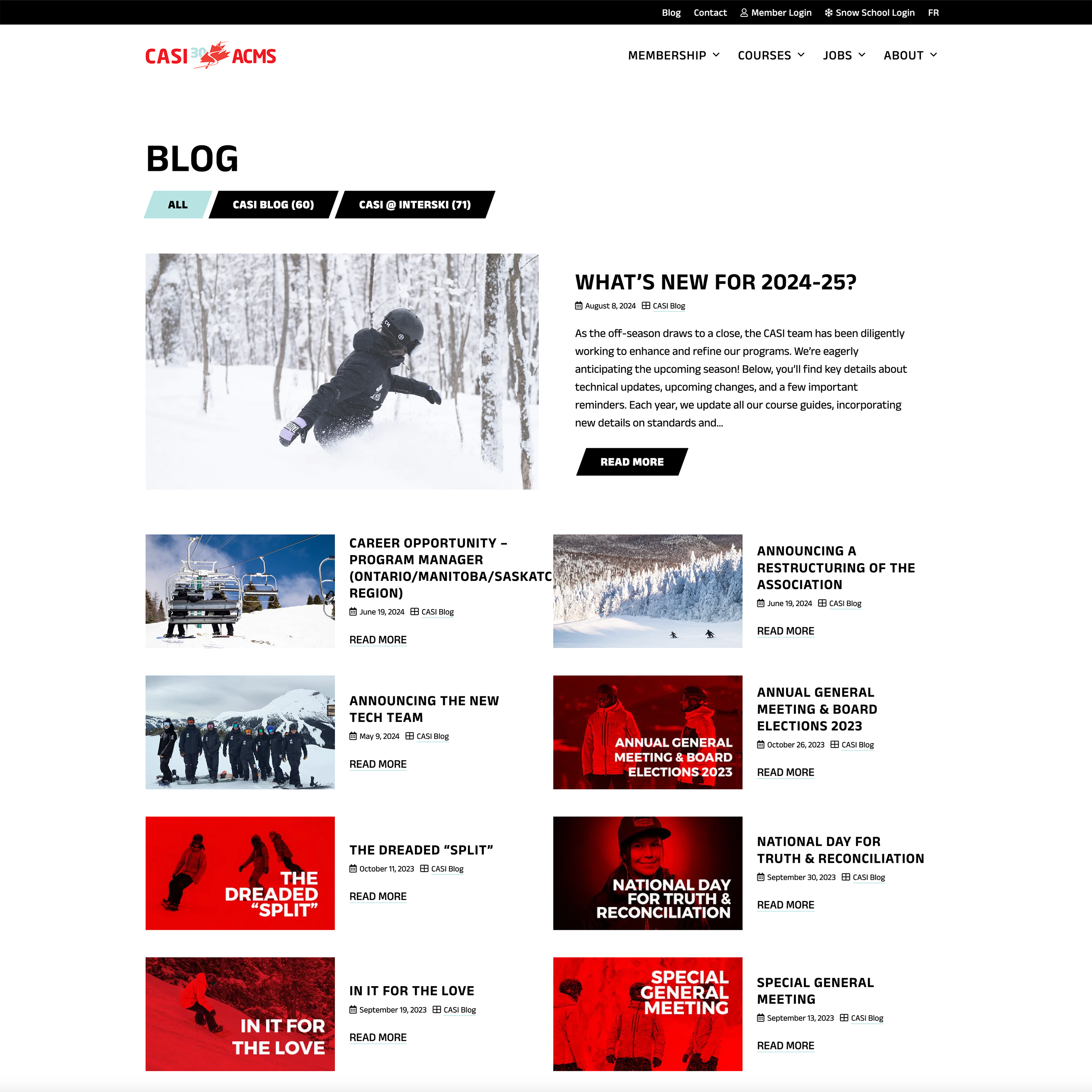 A screenshot of the Canadian Association of Snowboard Instructors' new blog.