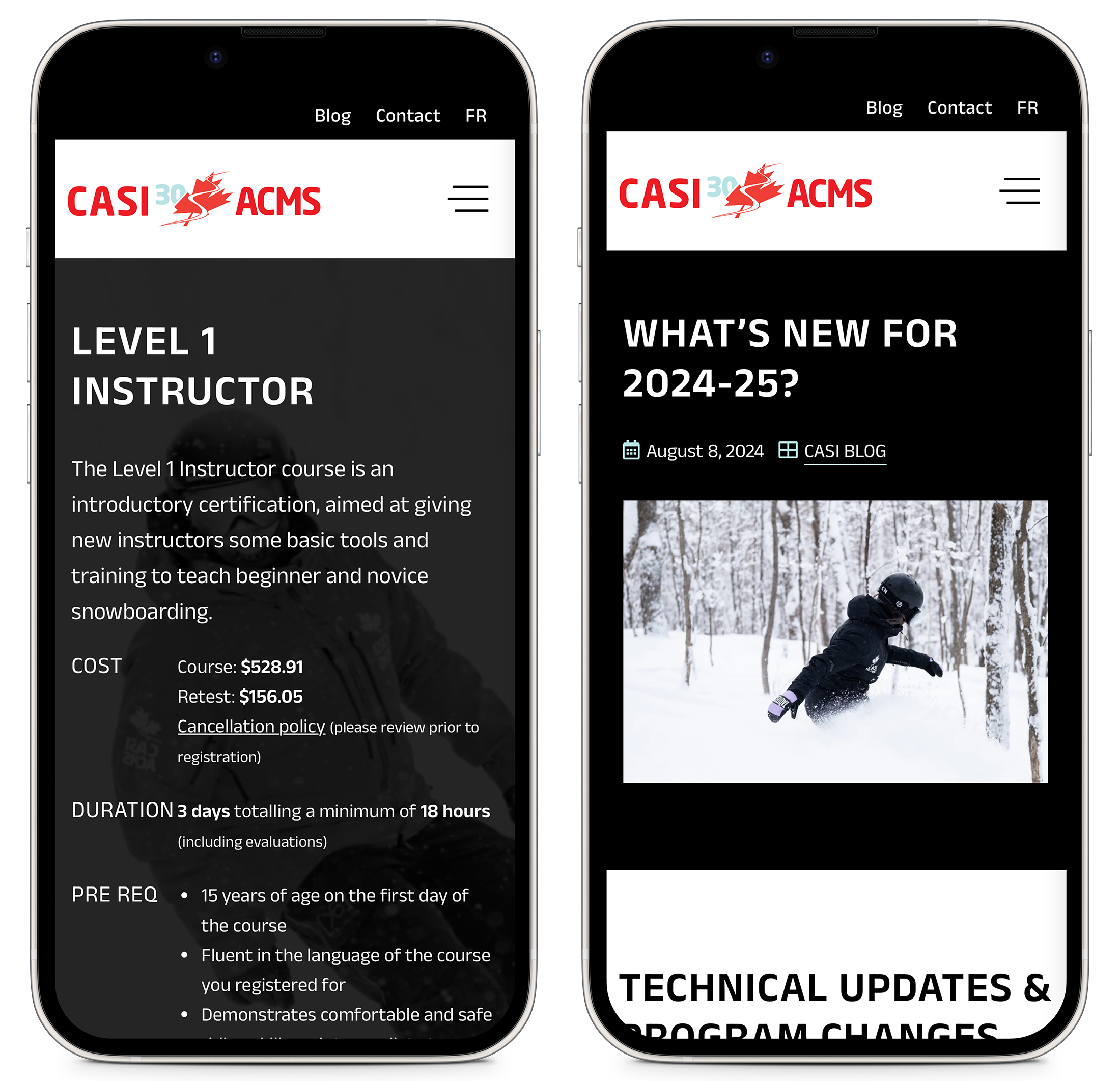 Two iPhone mockups showing different parts of the CASI website.