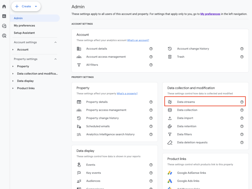 View and manage your data streams through the Admin settings in GA4, clicking “Data streams” under Data Collection and Modification.