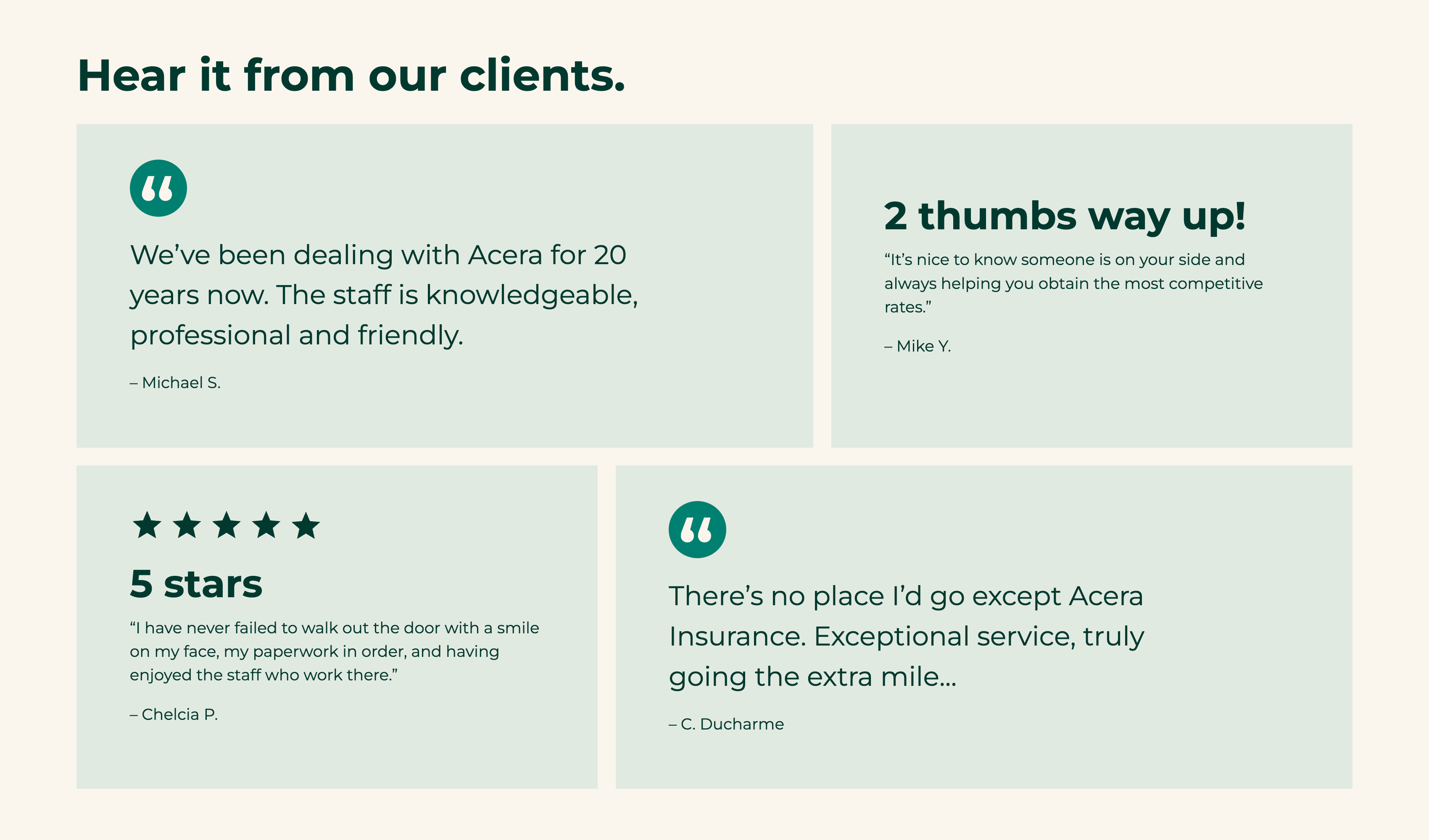 A screenshot of the various customer reviews shown on Acera's website.