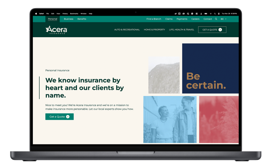 Mockup of the new Acera Insurance website on a MacBook Pro.