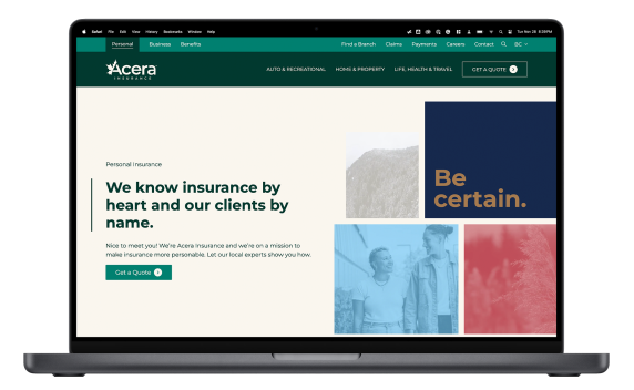 Mockup of the Acera Insurance website.