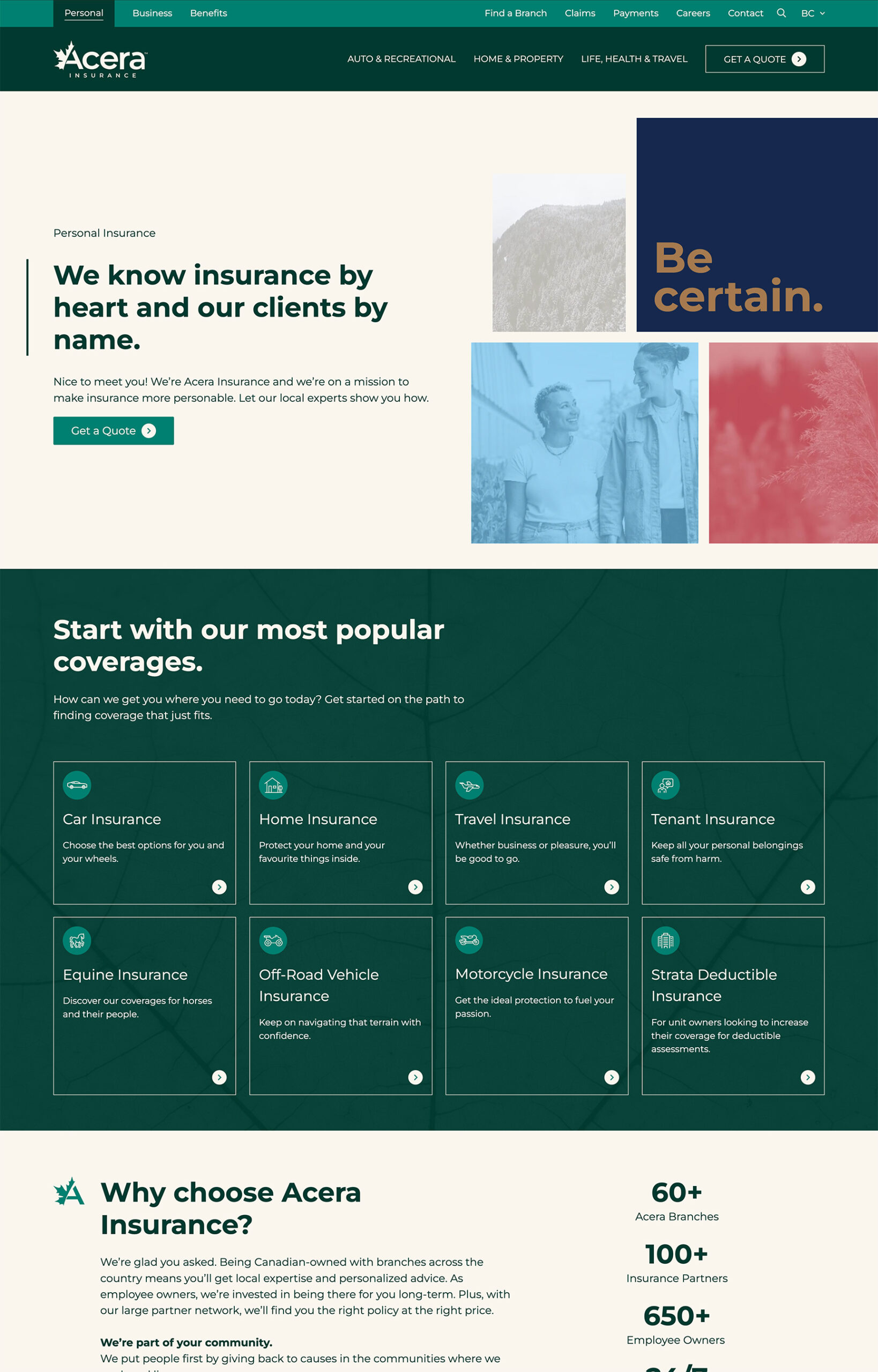 A screenshot of Acera Insurance's homepage.