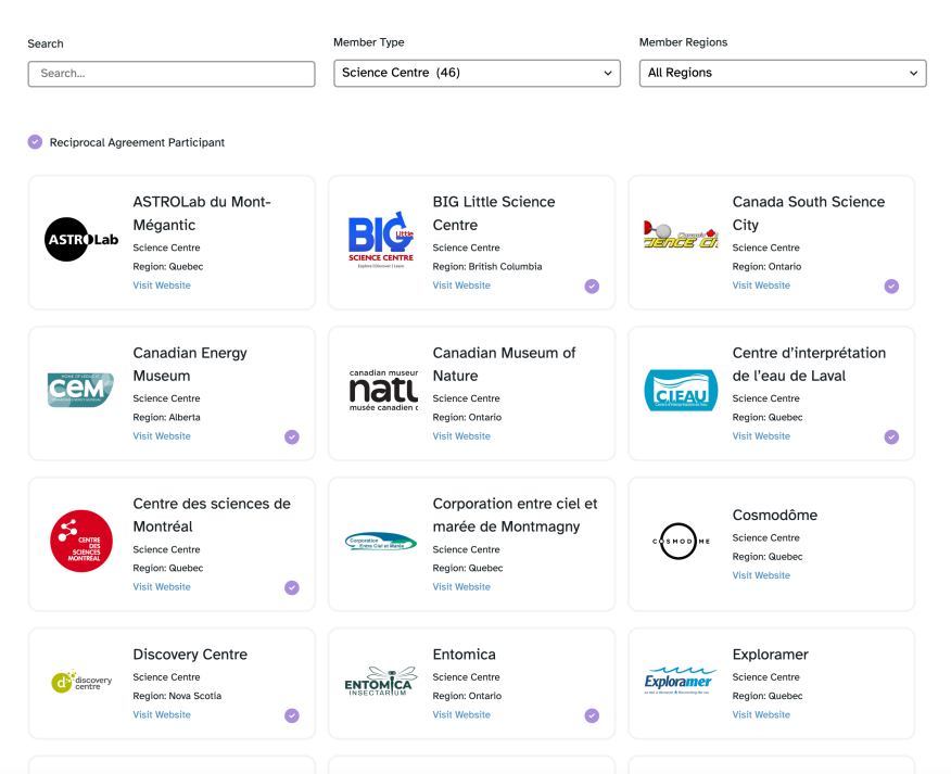 Screenshot of the Canadian Association of Science Centres member directory showing science centres across Canada, searchable by member type and region.