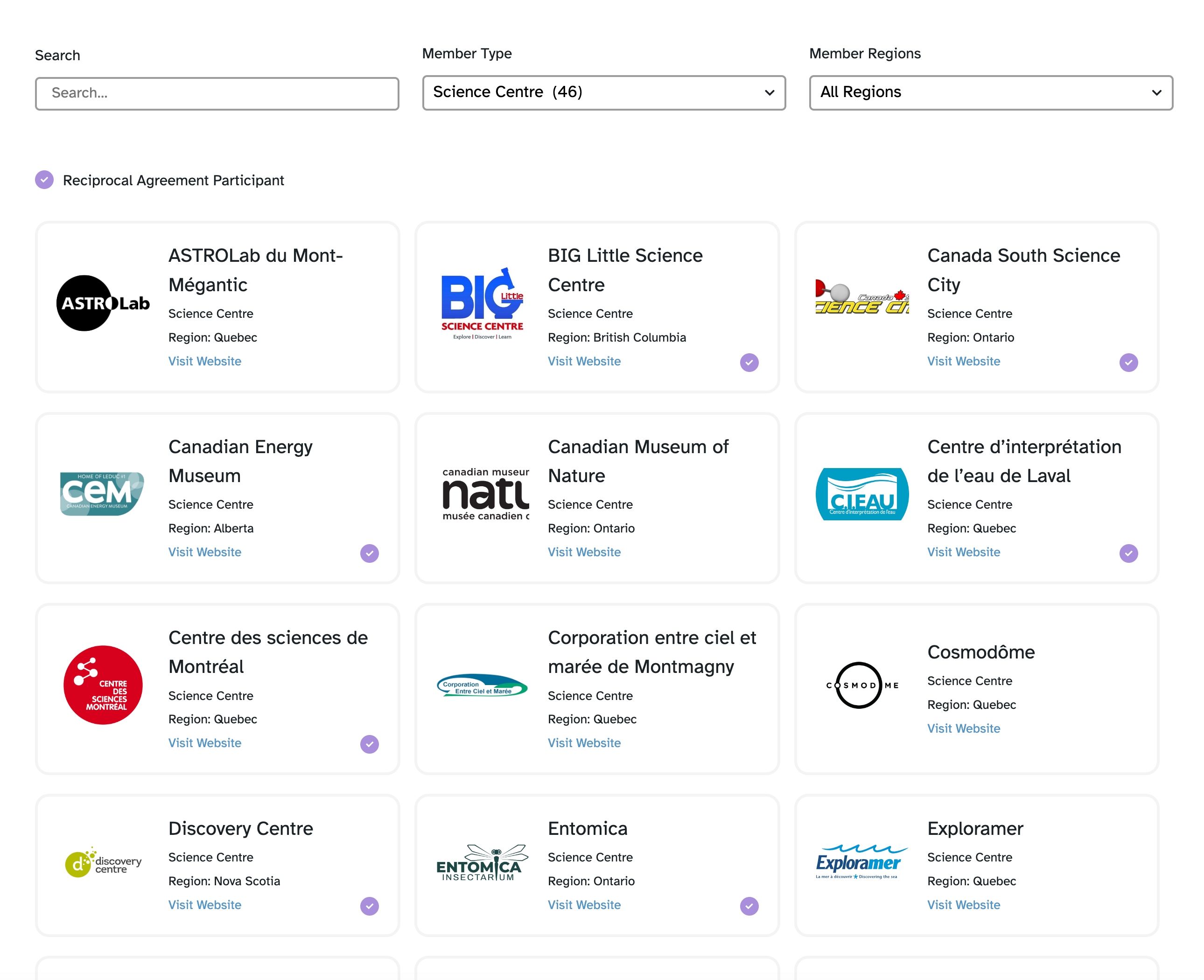 creenshot of the Canadian Association of Science Centres member directory showing science centres across Canada, searchable by member type and region.