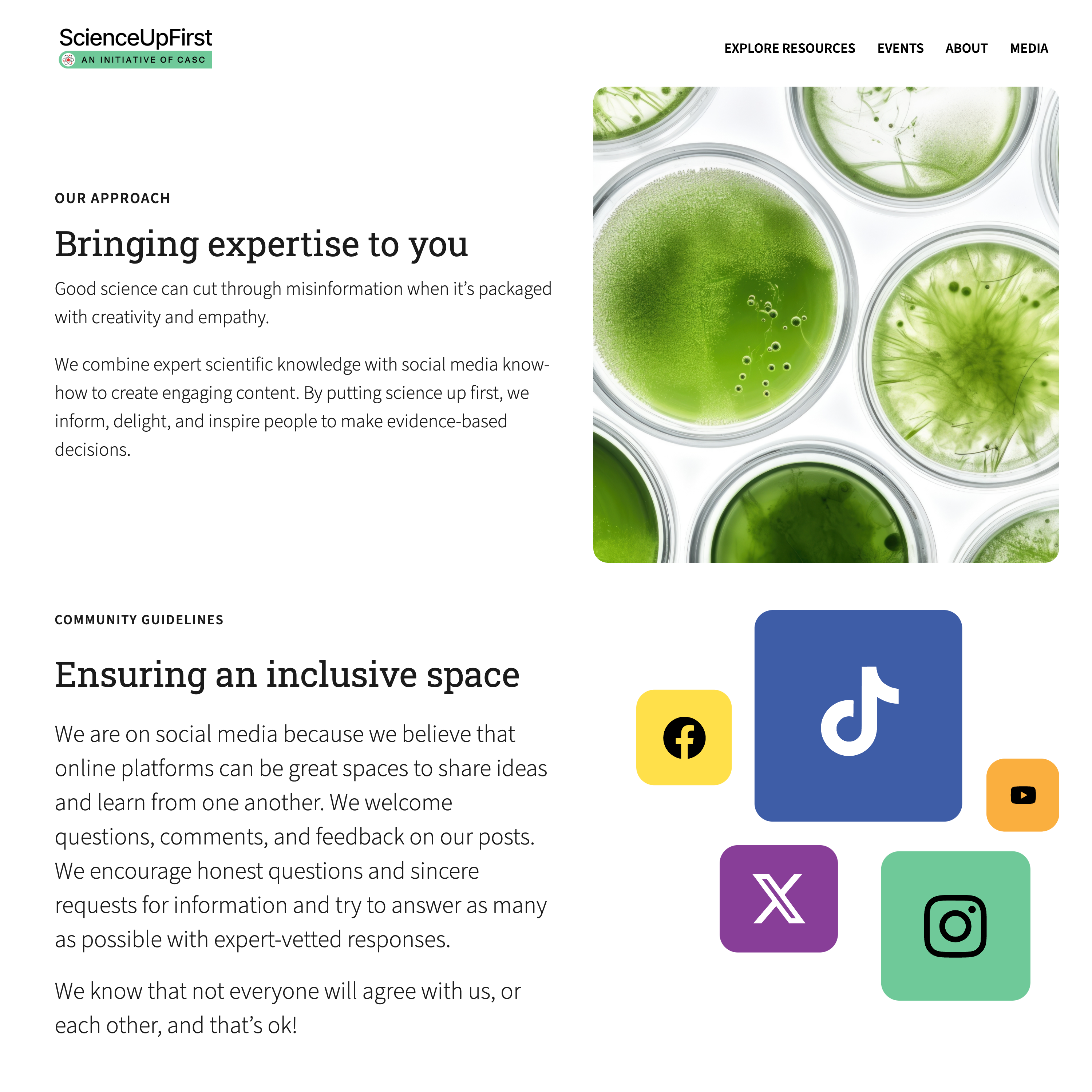 A ScienceUpFirst content page featuring a section titled “Bringing expertise to you” with a photo of green petri dishes, and another section on “Ensuring an inclusive space” with icons for social media platforms like TikTok, Facebook, and Instagram.