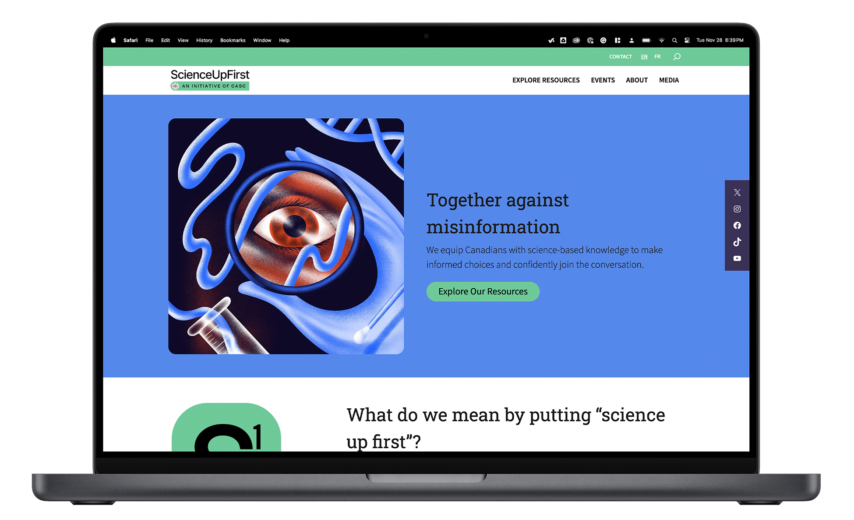 Mockup of the ScienceUpFirst homepage on a laptop screen, featuring a banner titled “Together against misinformation” with a call to action to explore resources, and a social media sidebar.