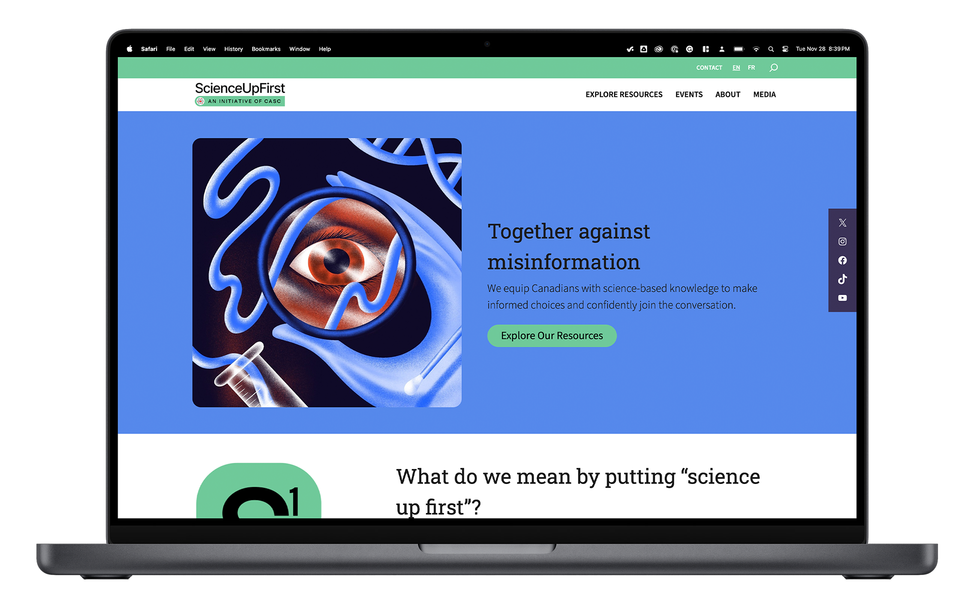 Mockup of the ScienceUpFirst homepage on a laptop screen, featuring a banner titled “Together against misinformation” with a call to action to explore resources, and a social media sidebar.