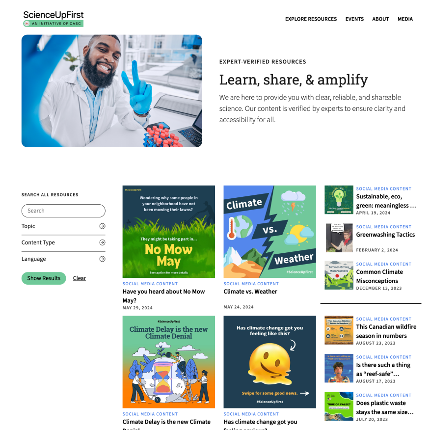 Screenshot of the ScienceUpFirst website showing resource categories like climate and misinformation, with featured social media posts such as “No Mow May” and “Climate vs. Weather.
