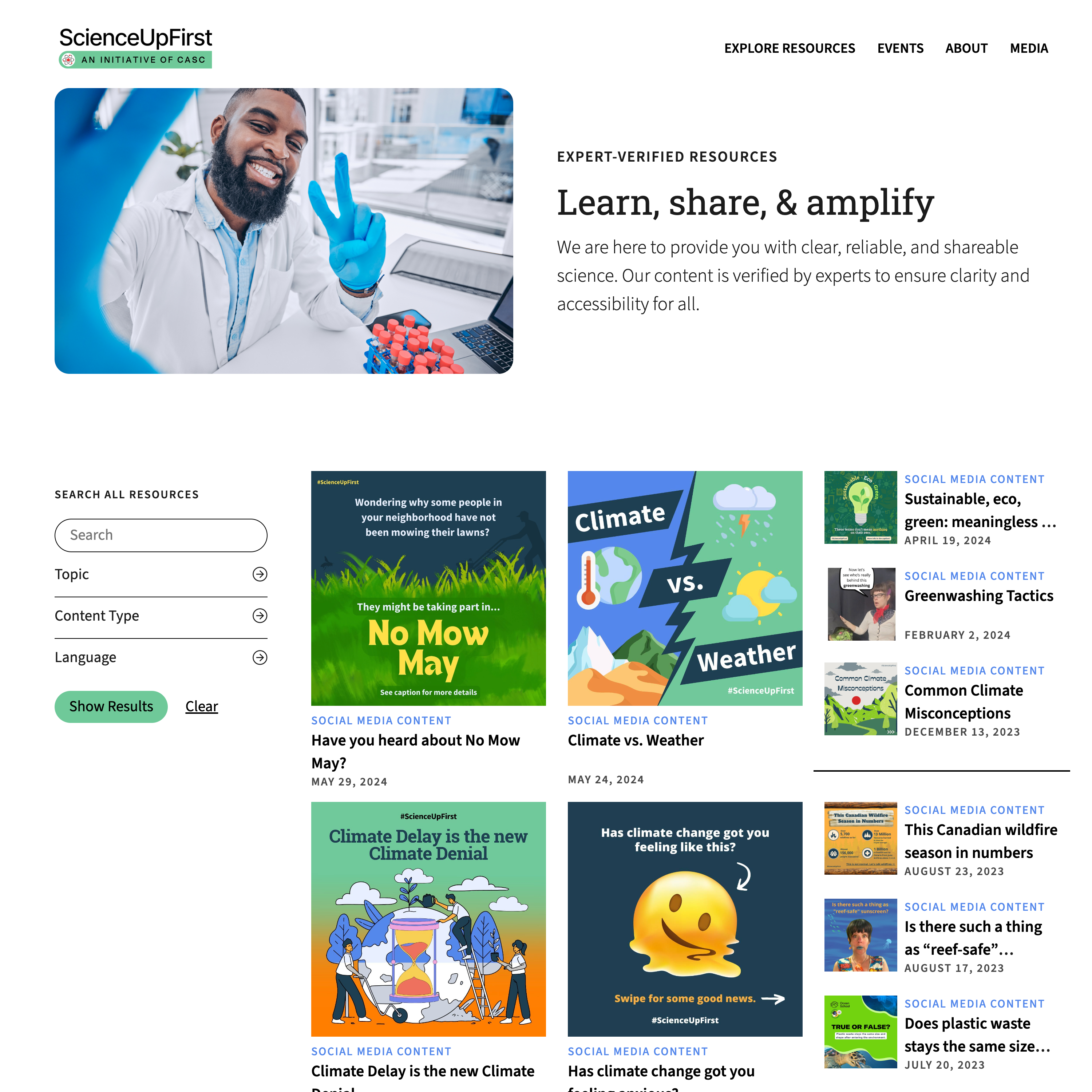 Screenshot of the ScienceUpFirst website showing resource categories like climate and misinformation, with featured social media posts such as “No Mow May” and “Climate vs. Weather.