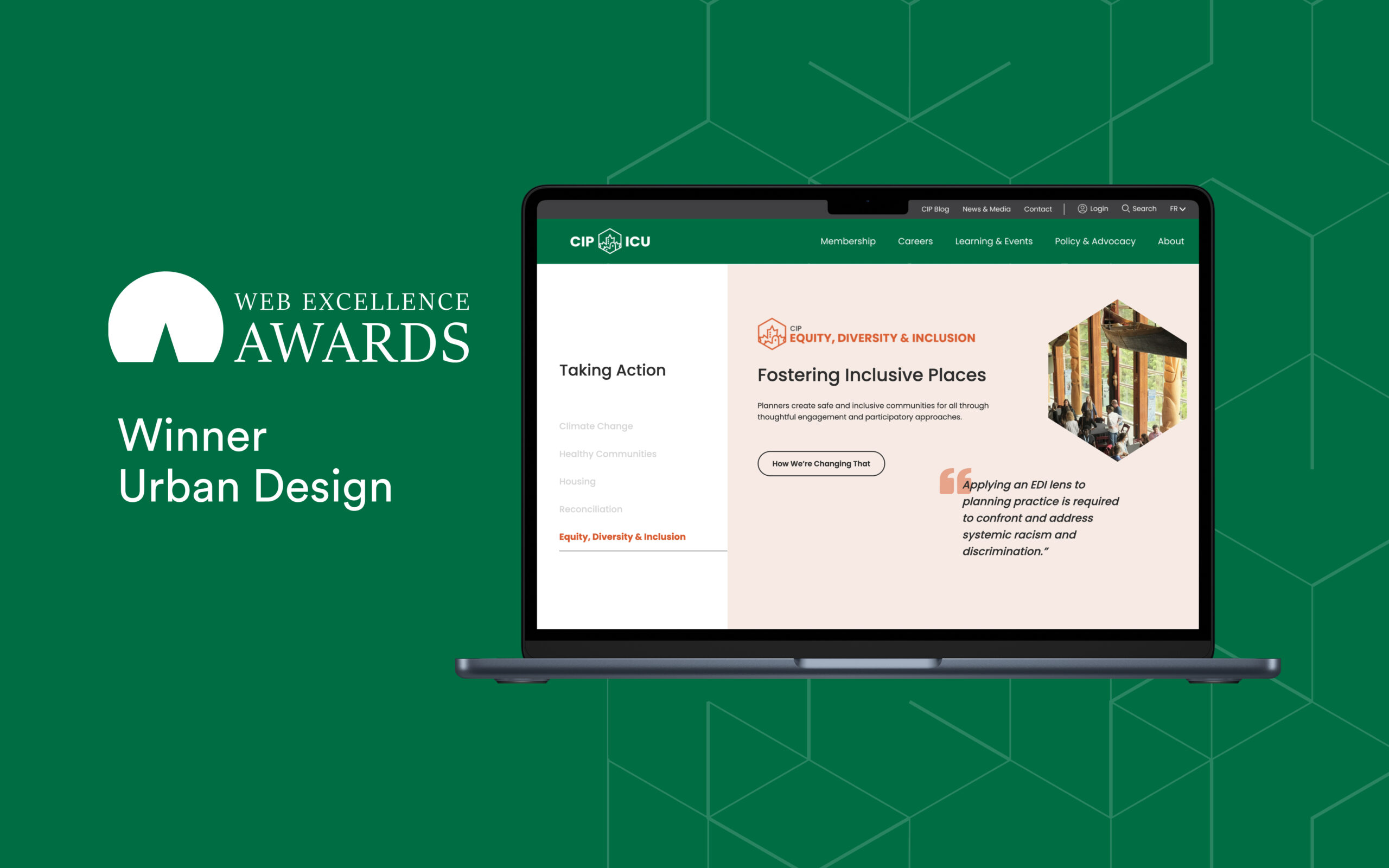 CIP website displayed on a laptop, featuring the Web Excellence Award for Urban Design