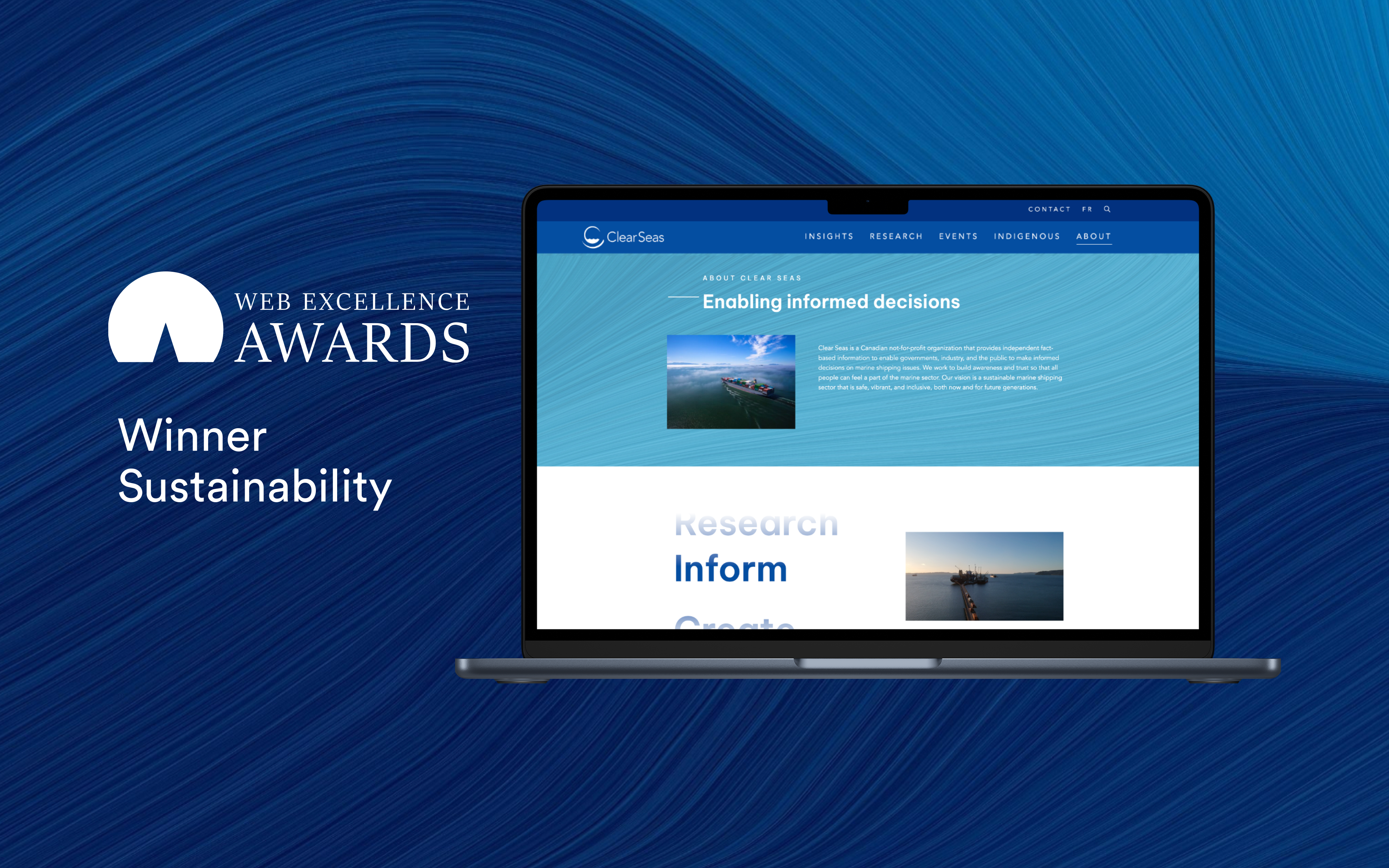 Award-winning Clear Seas website design displayed on a laptop, recognized by the Web Excellence Awards