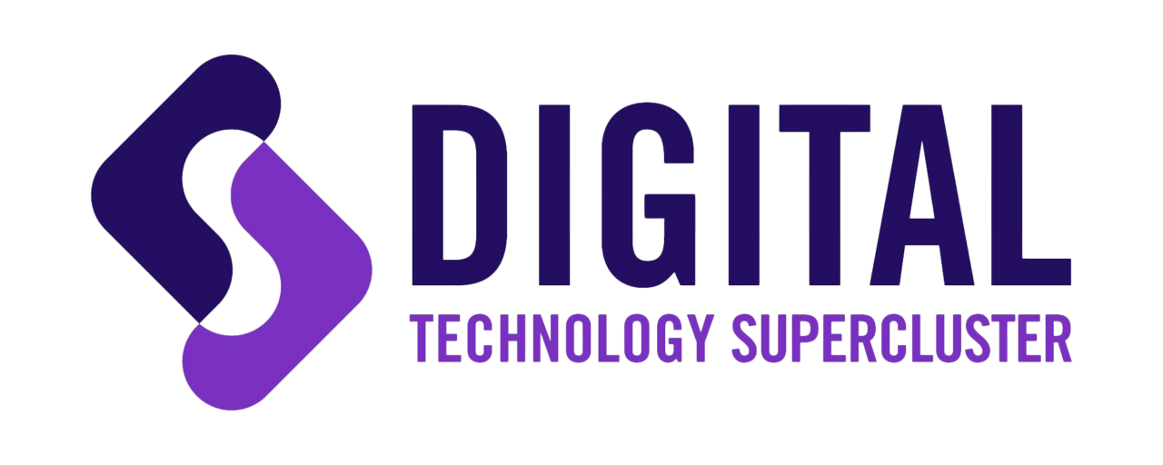 Digital Technology Supercluster logo with interlocking dark purple and light purple shapes and bold text