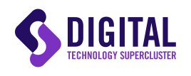 Digital Technology Supercluster logo with interlocking dark purple and light purple shapes and bold text