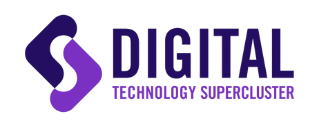 Digital Technology Supercluster logo with interlocking dark purple and light purple shapes and bold text