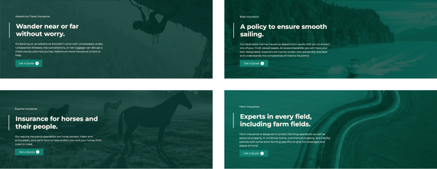 Four screenshots from the Acera Insurance website that feature their tone of voice across key product pages.