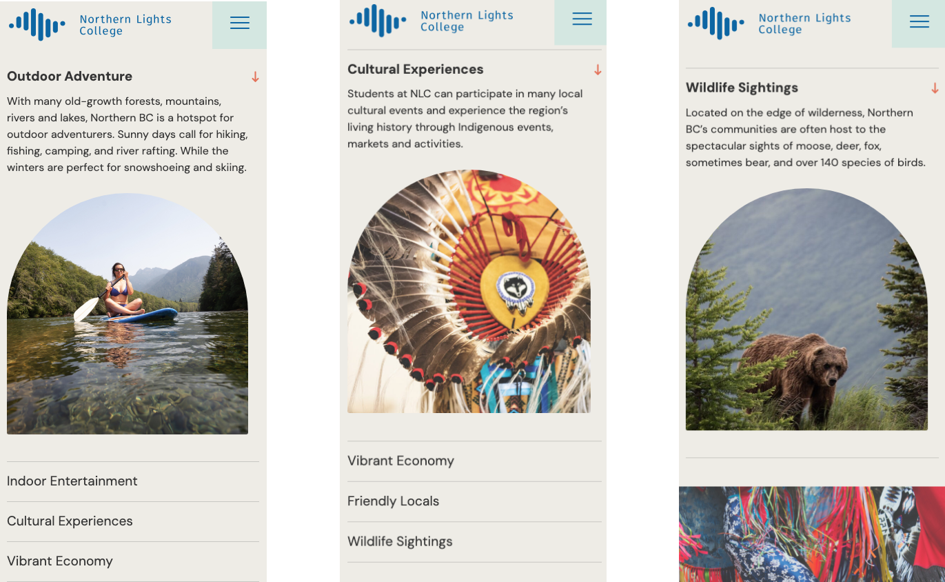 Three screenshots on mobile for the Northern Lights College (NLC) website, showcasing the brevity of content about their region.