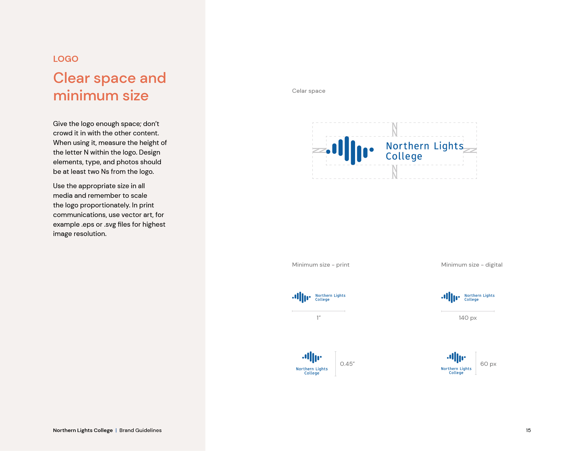 Northern Lights College logo clear space and minimum size