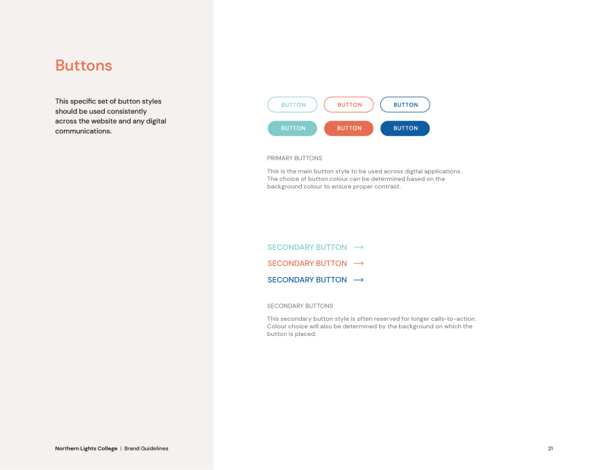 Button style variations for Northern Lights College brand