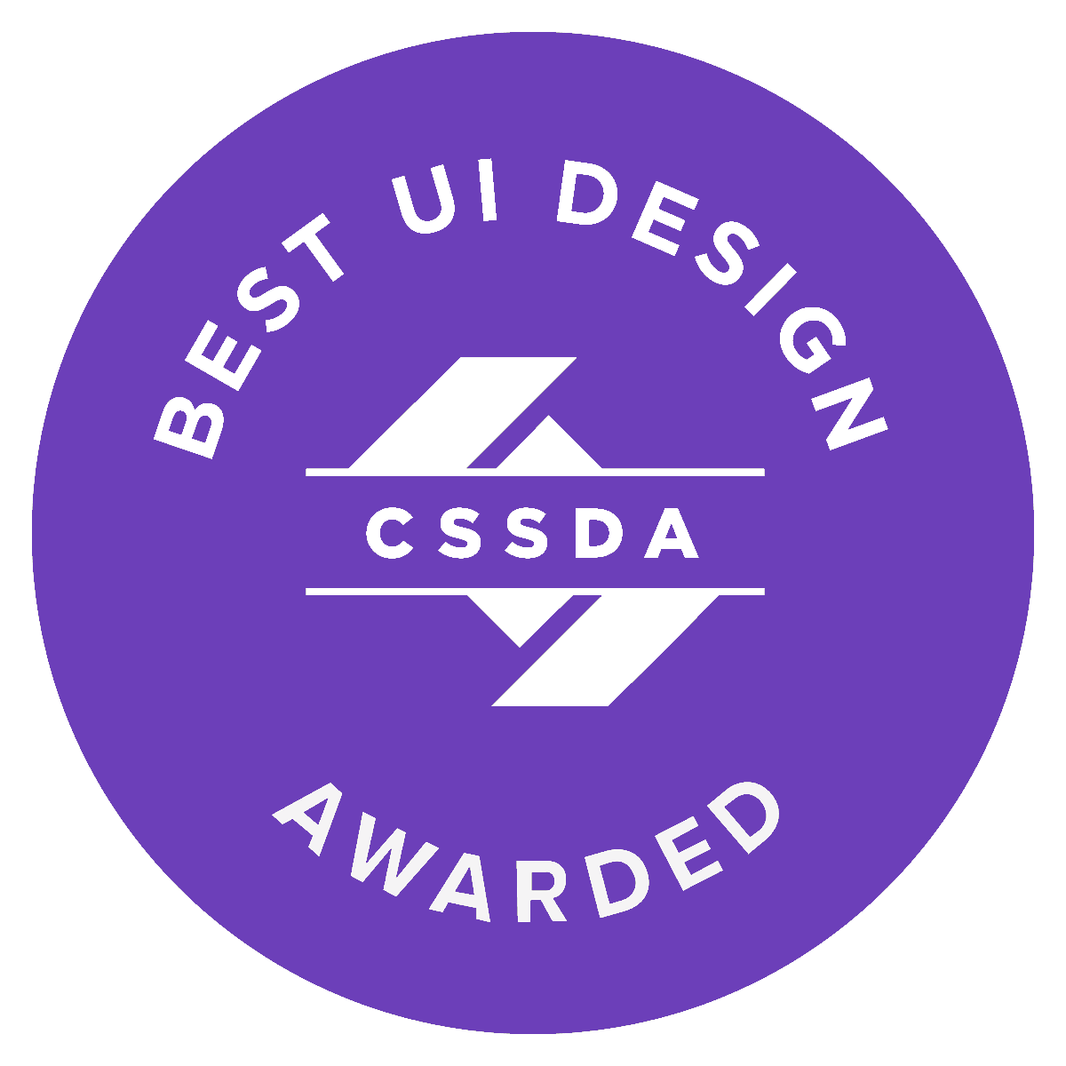 Purple circular badge with “CSSDA” in the center and the text “Best UI Design Awarded.”