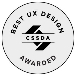 White circular badge with “CSSDA” in the center and the text “Best UX Design Awarded.”