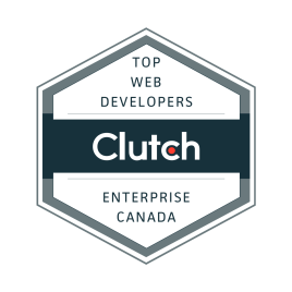Hexagonal badge with the text “Top Web Developers - Enterprise Canada” and the Clutch logo in the center.