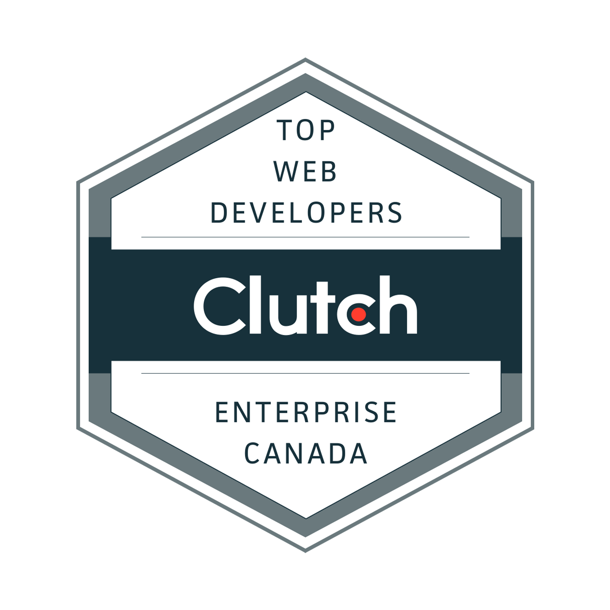 Hexagonal badge with the text “Top Web Developers - Enterprise Canada” and the Clutch logo in the center.