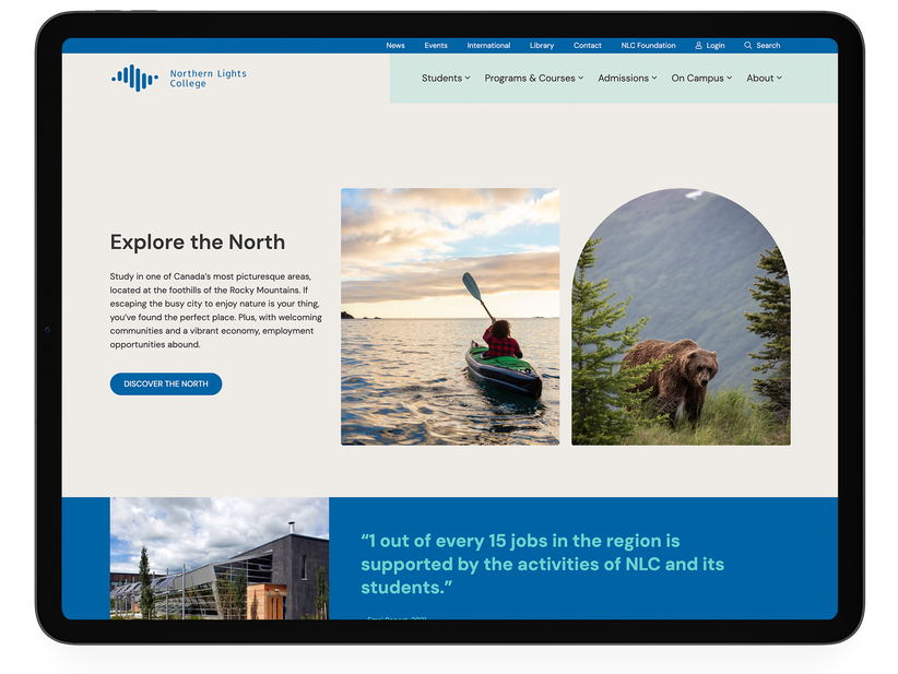 Screenshot of the "Explore the North" section on the Northern Lights College website, showcasing nature-themed imagery and site navigation.