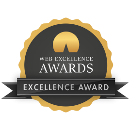 Black and gold badge with the text “Web Excellence Awards - Excellence Award.”