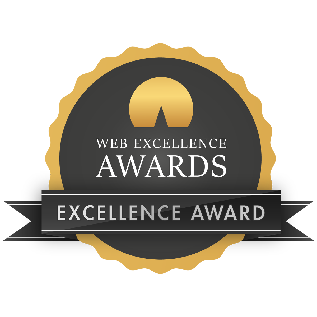 Black and gold badge with the text “Web Excellence Awards - Excellence Award.”