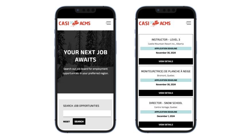 Screenshot of the CASI job board and job board search. Displayed on two different iPhones
