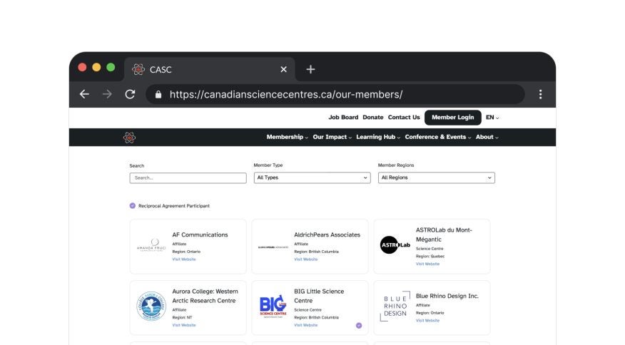 The CASC member directory showcases science organizations across Canada, broken down by region and member type so you can easily find the one you want.