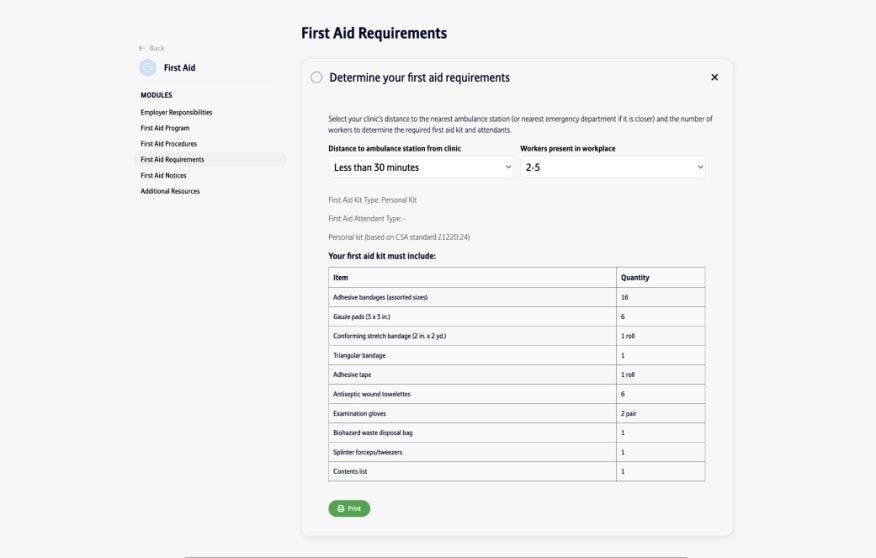 Switch BC Interface: Conditional fields for clinics to determine first aid requirements based on their size.