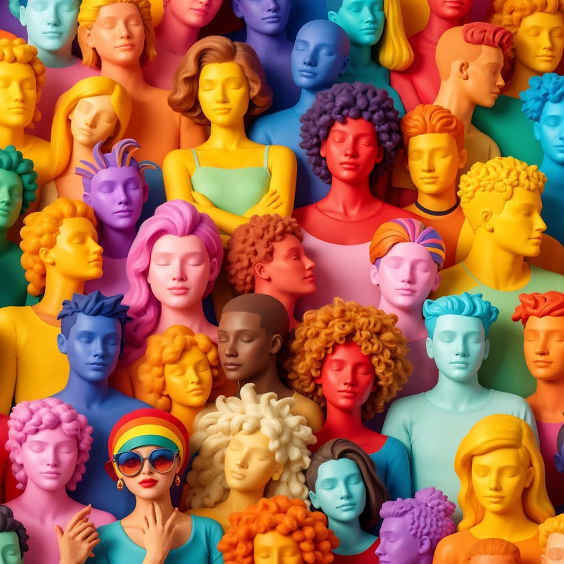 A crowd of people highlighted in a variety of bright colours on their skin, hair, and clothing.