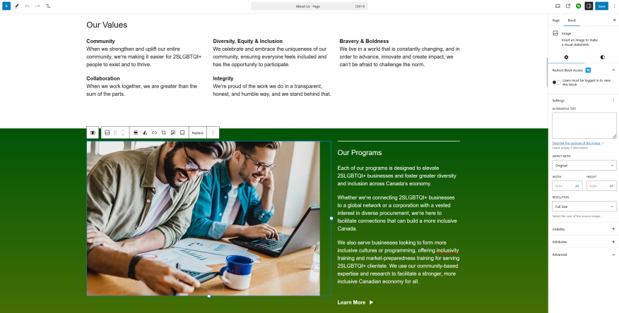 View of the CGLCC Backend Editing using Gutenberg blocks