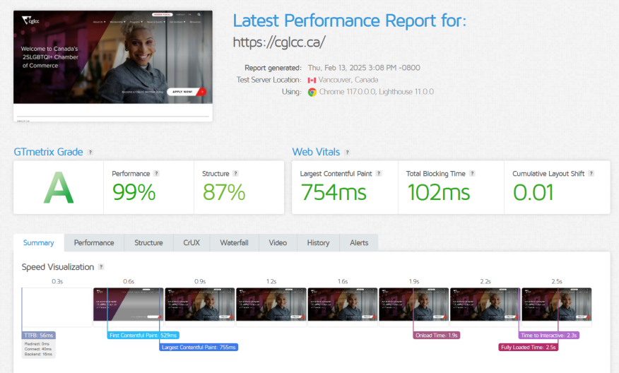 View of CGLCC homepage run through GTMetrix and displaying A score
