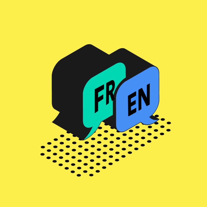 Two bubbles with "FR" and "EN" written inside on a yellow background to signify translations.