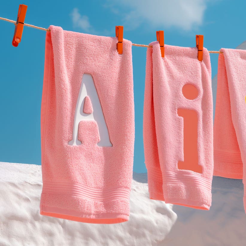 Pink towels on a line with AI written on them agaist a sky blue background.