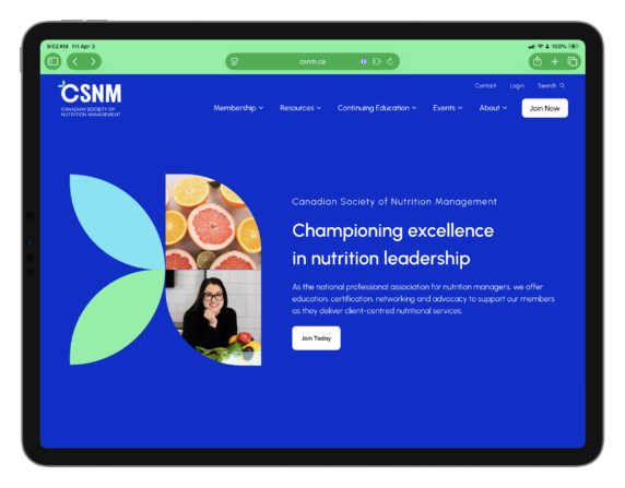Mockup of the Canadian Society of Nutrition Management website.