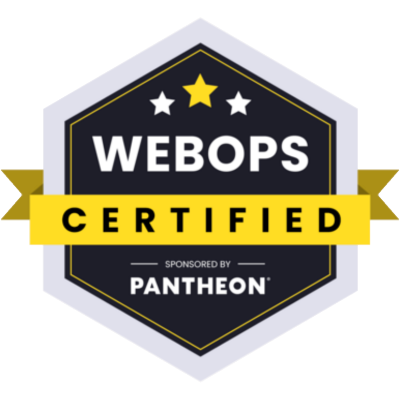WebOps Certified badge from Pantheon featuring a hexagonal shape with stars and a yellow ribbon.