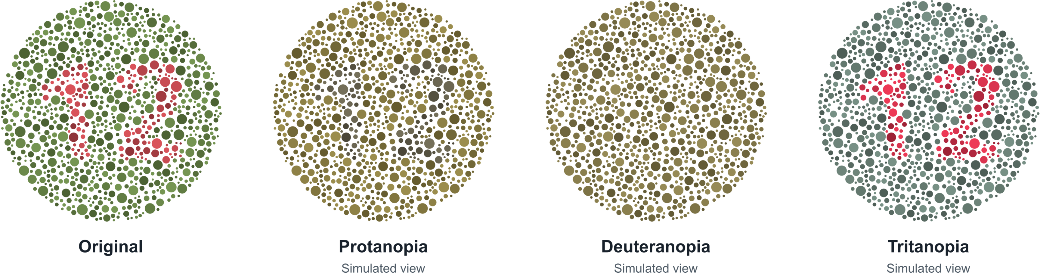 Four versions of an original dotted circle. A red number 12 appears against green in the original. The number largely disappears in the deuteranopia simulation, changes in the protanopia view, and remains distinguishable in the tritanopia view.